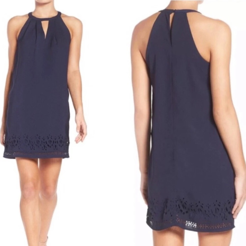Greylin Melissa  Laser Cut Deep Navy Blue Halter Shift Mini Dress Preppy Sz M - Picture 3 of 15